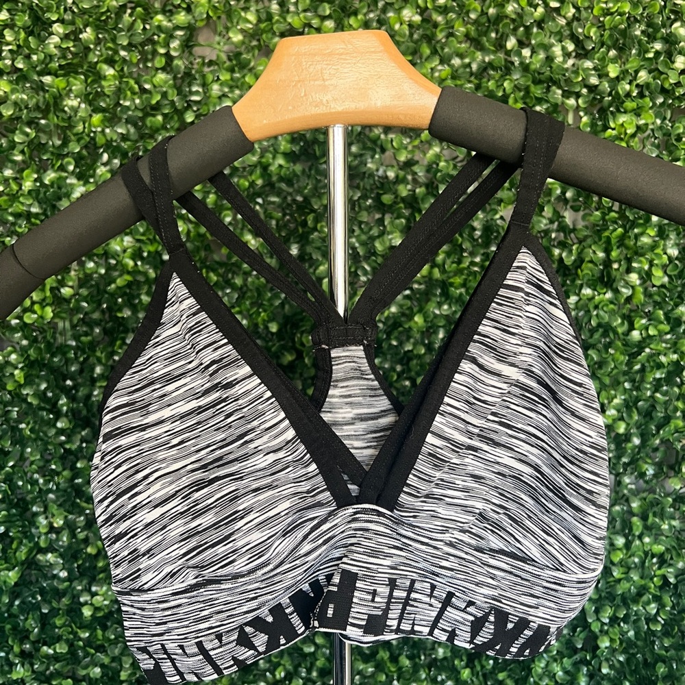Women's Black and Gray Strappy Sports Bra - PINK